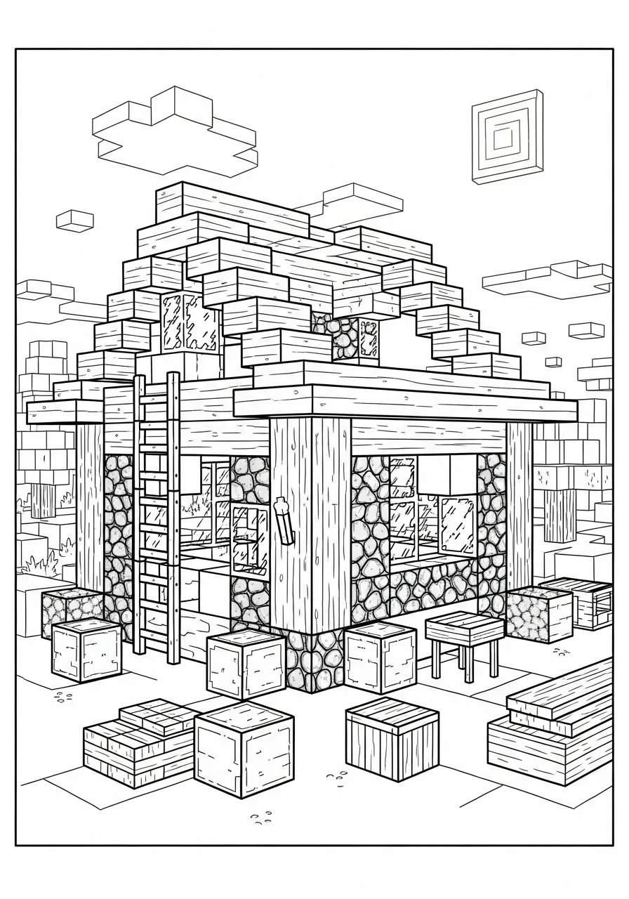 Imagem de uma casa de madeira no estilo Minecraft para colorir