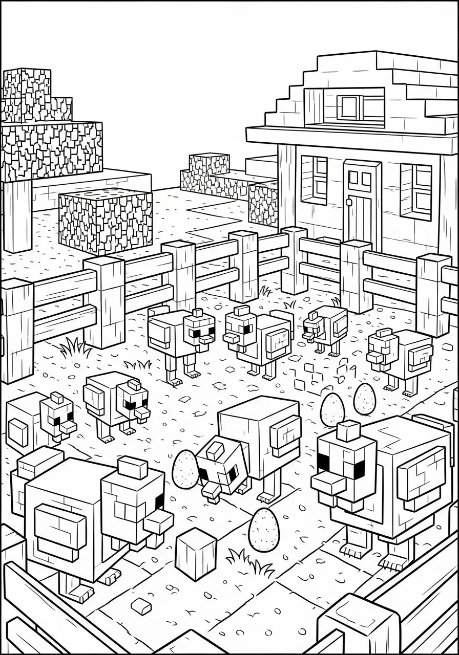 Desenho de galinhas de Minecraft em um quintal com ovos para colorir