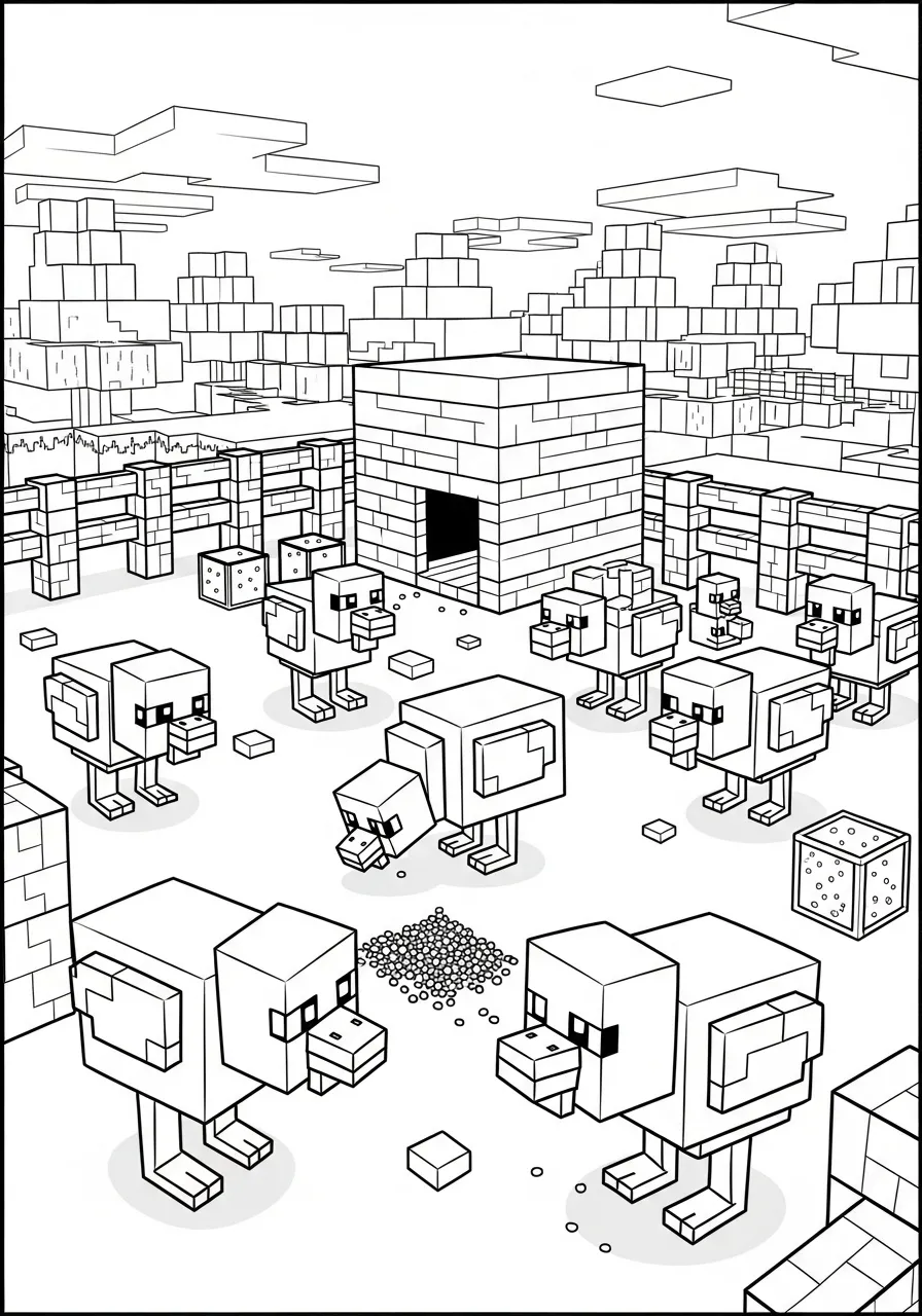 Imagem de galinhas de Minecraft em um pátio para colorir