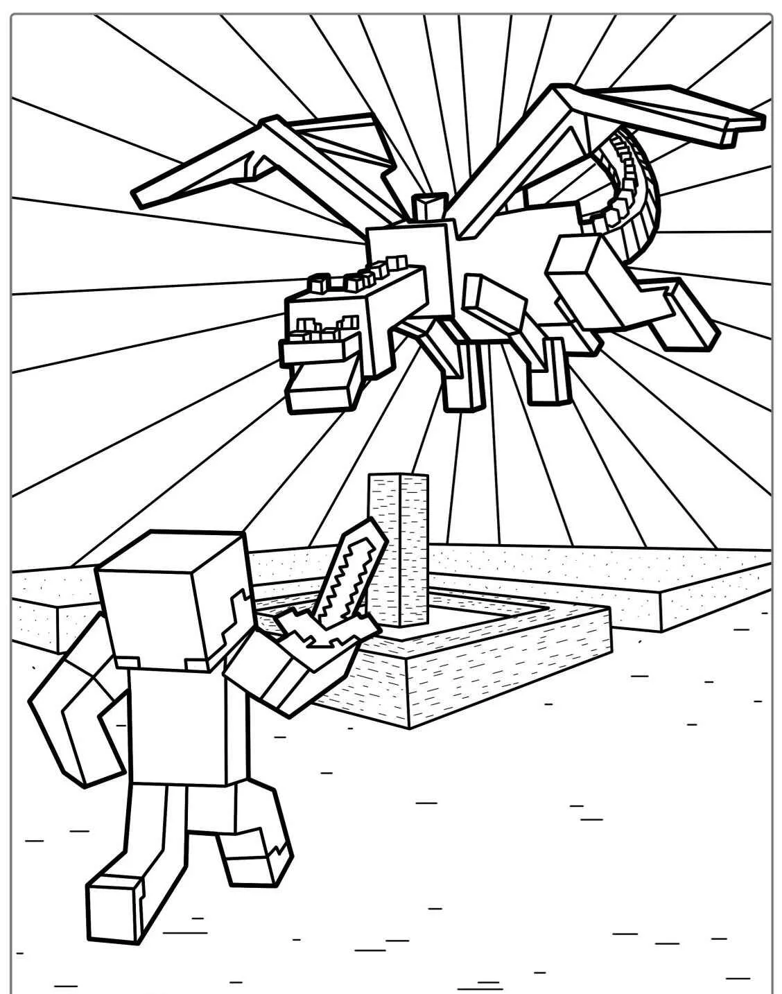 Imagem para colorir de Steve enfrentando o Ender Dragon em Minecraft