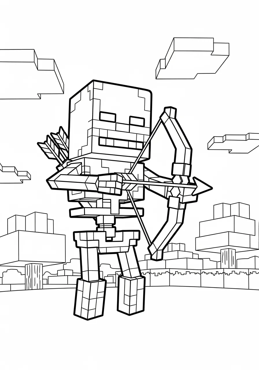 Imagem de um esqueleto do Minecraft segurando um arco em um campo para colorir
