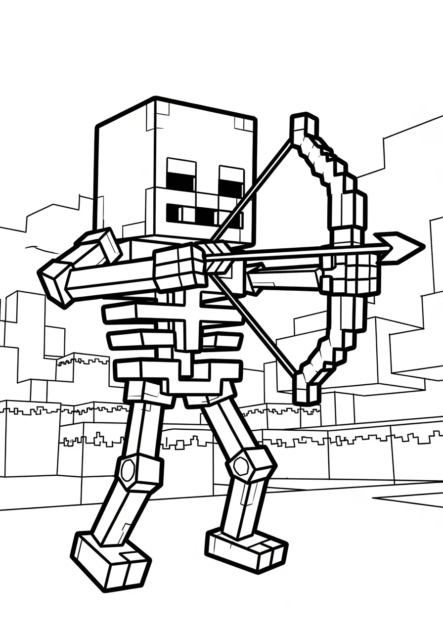 Desenho para colorir de um esqueleto de Minecraft segurando um arco