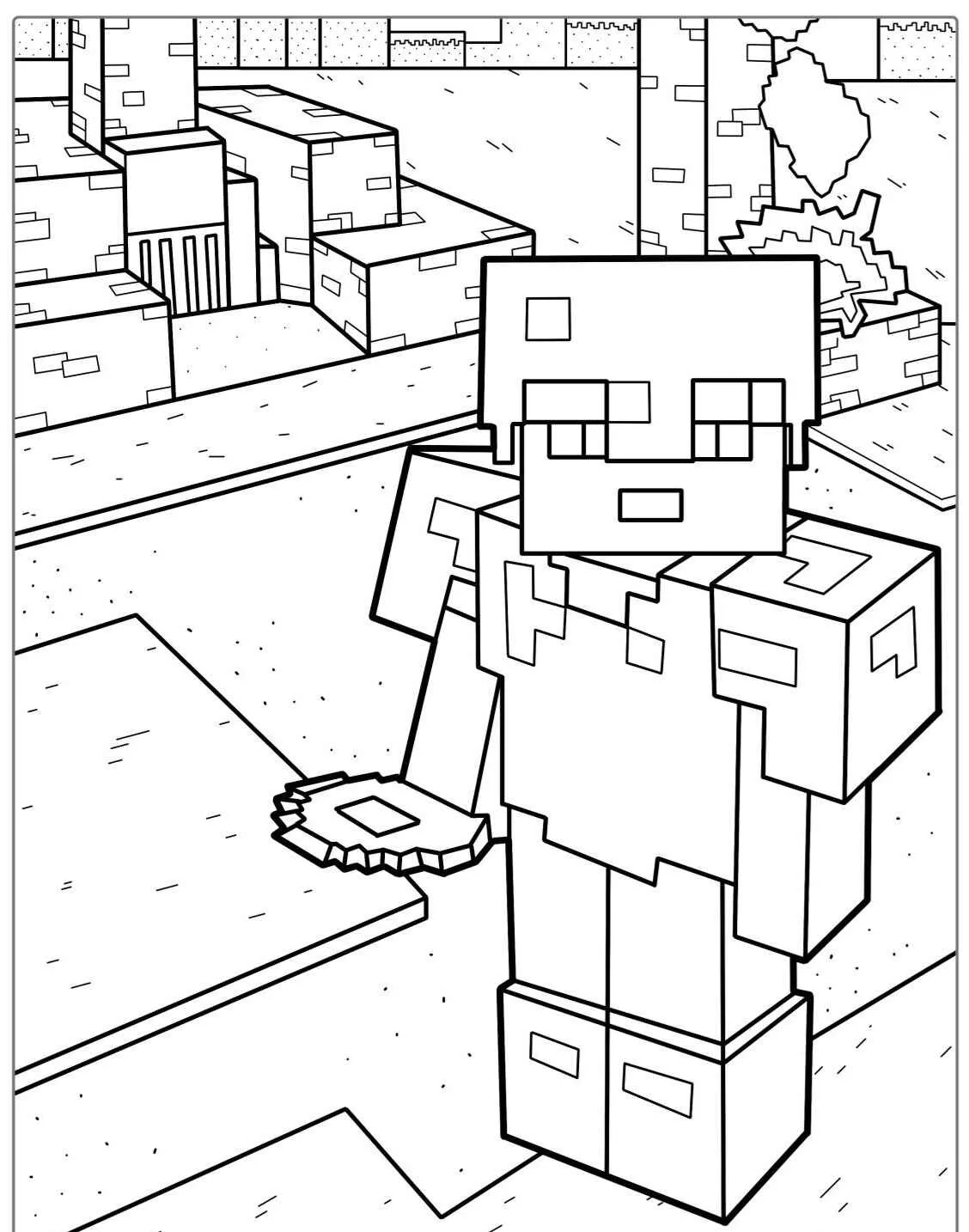 Imagem de um personagem de Minecraft com armadura em um cenário de jogo para colorir