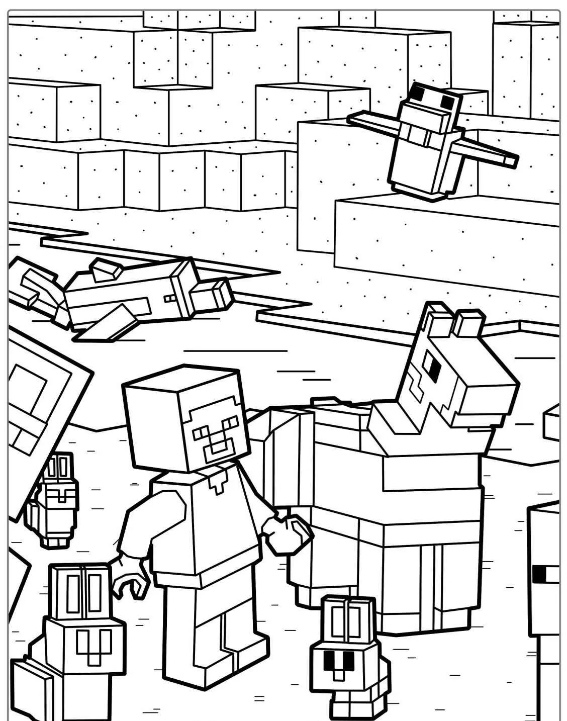 Desenho de Minecraft com personagem e lhamas em um cenário pixelado para colorir
