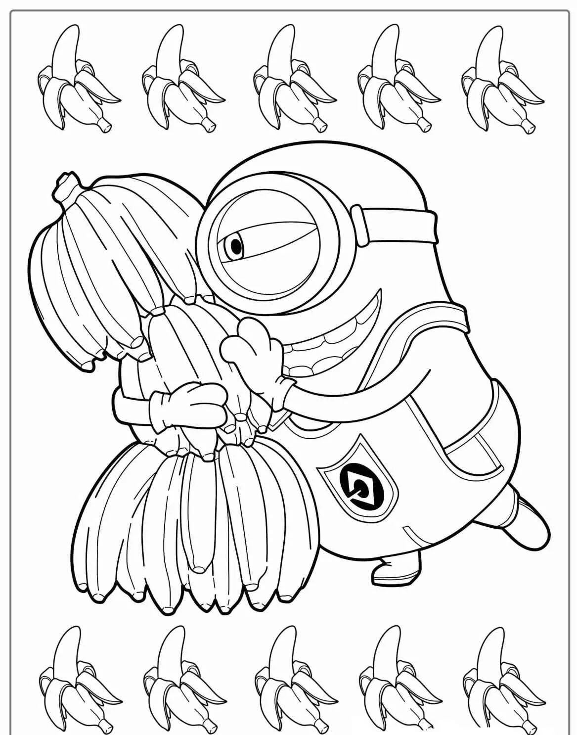 Minion abraçando um cacho de bananas com várias bananas ao redor para colorir