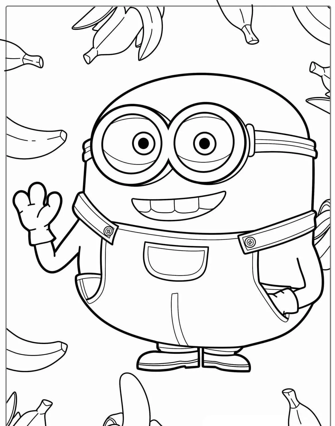Imagem de um Minion sorridente com bananas ao fundo para colorir