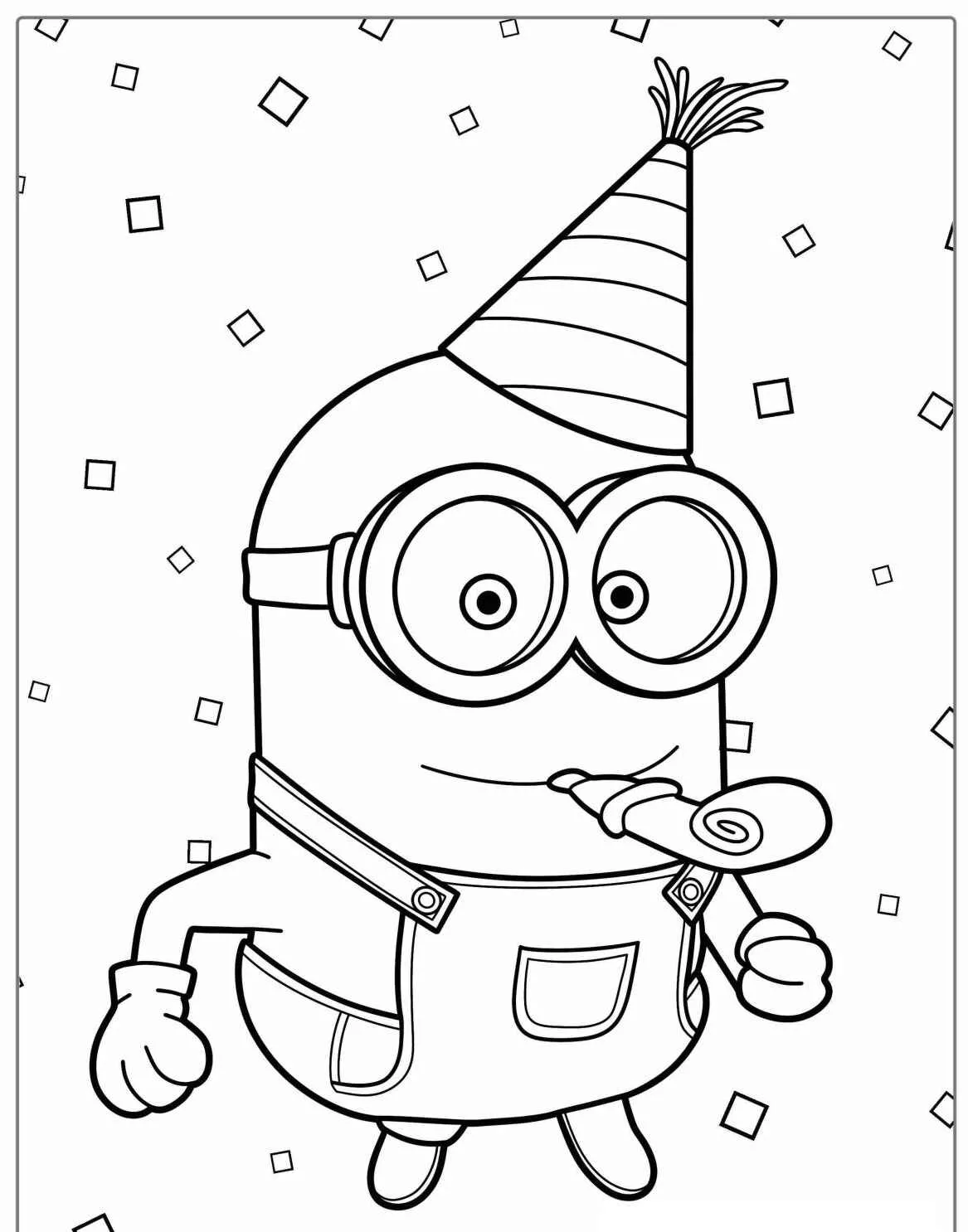 Minion com chapéu de festa e língua de sogra para colorir
