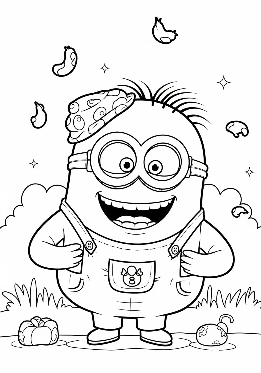 Minion sorridente com chapéu engraçado e macacão para colorir