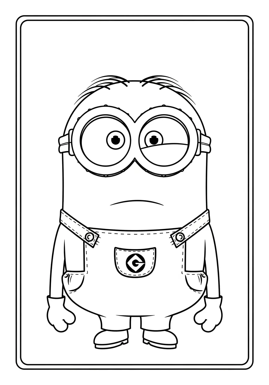 Imagem de um Minion com expressão séria, usando óculos e macacão, para colorir