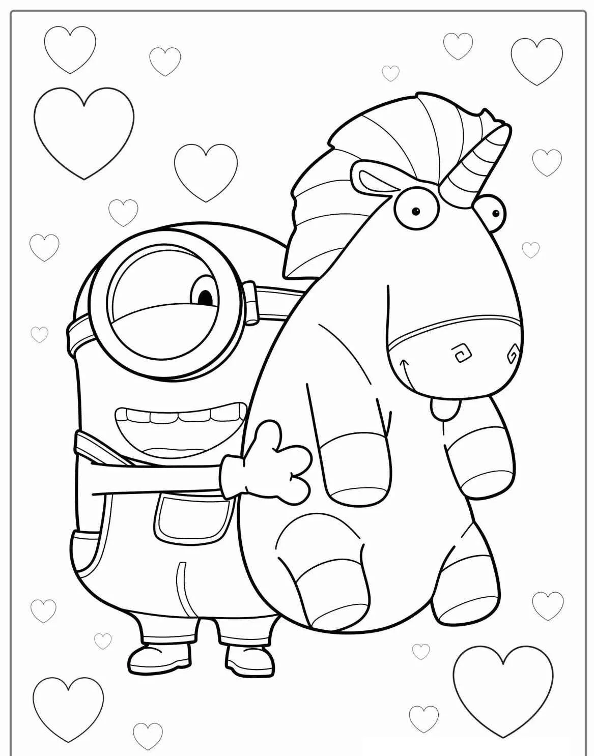Minion segurando um unicórnio de pelúcia com corações ao redor