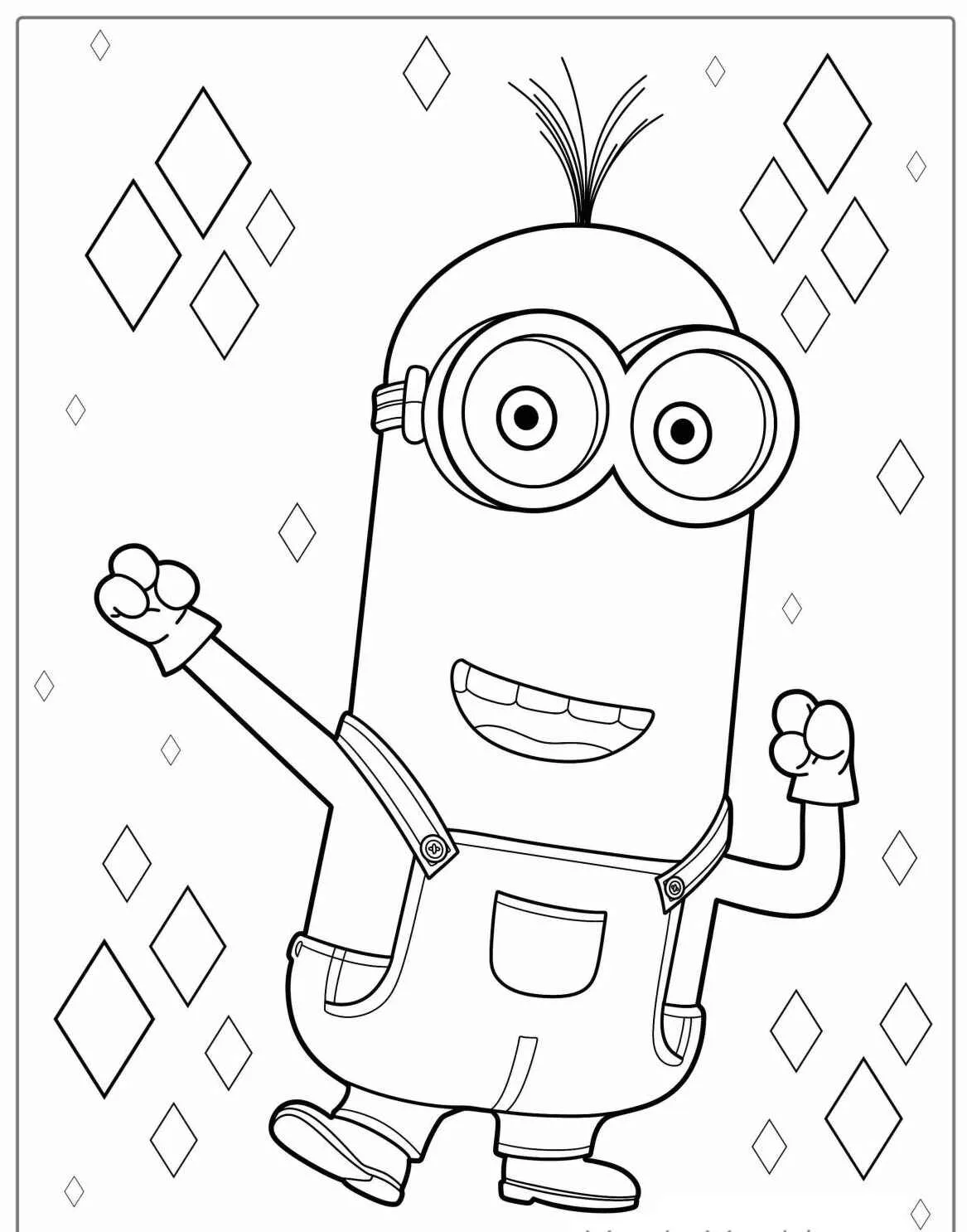 Desenho de um Minion sorridente com óculos e macacão para colorir
