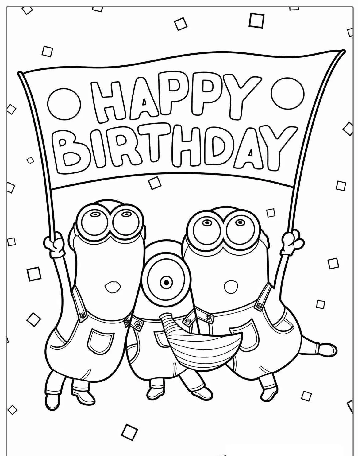 Três Minions segurando uma faixa de aniversário para colorir