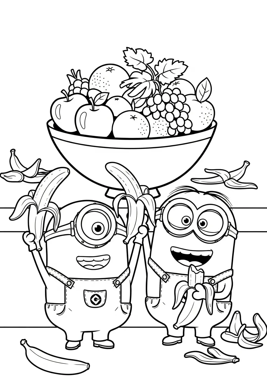 Dois Minions segurando bananas ao lado de uma tigela de frutas