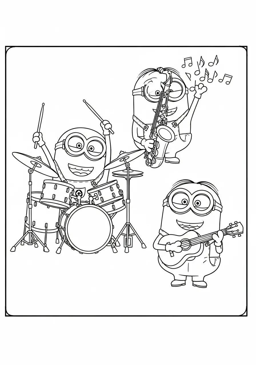 Três Minions tocando instrumentos musicais em uma banda