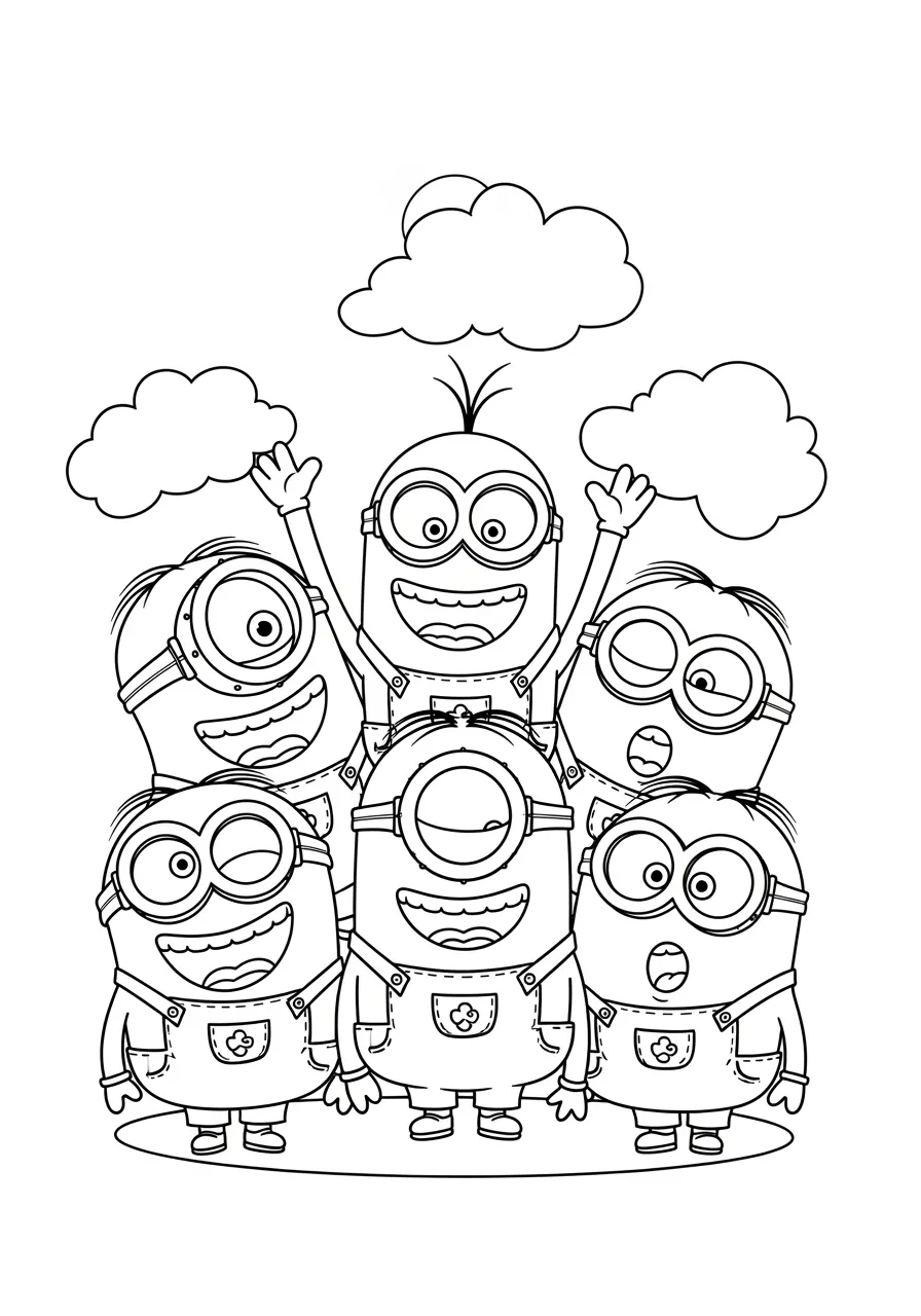 Imagem de vários Minions juntos, prontos para colorir
