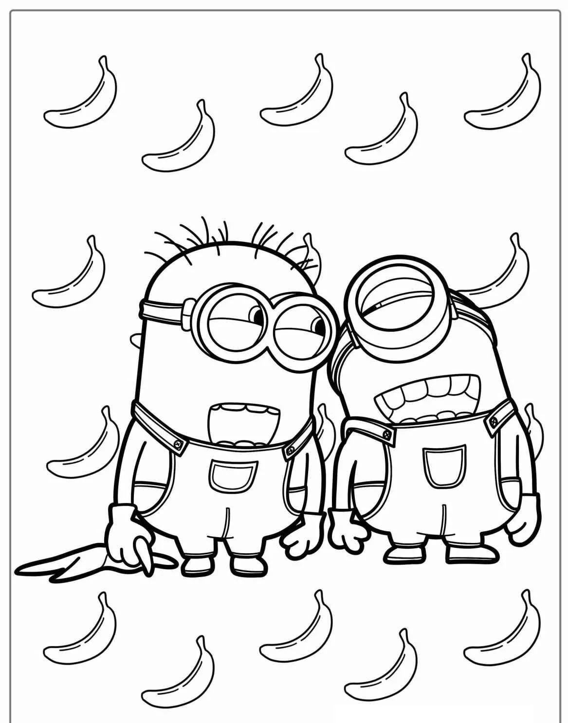 Dois Minions rindo com bananas ao fundo para colorir