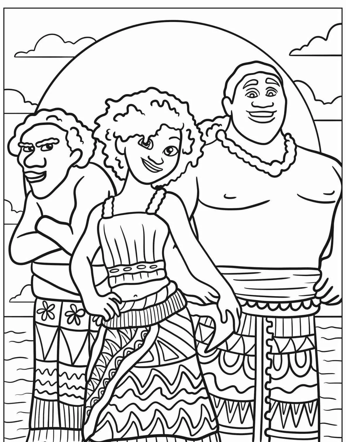 Imagem para colorir de Moana com dois amigos na praia