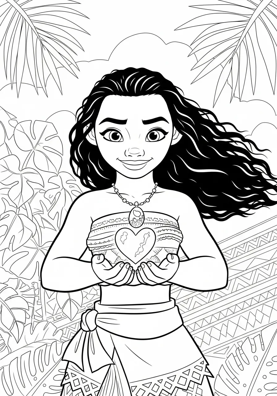 Moana segurando o Coração de Te Fiti em um cenário tropical para colorir