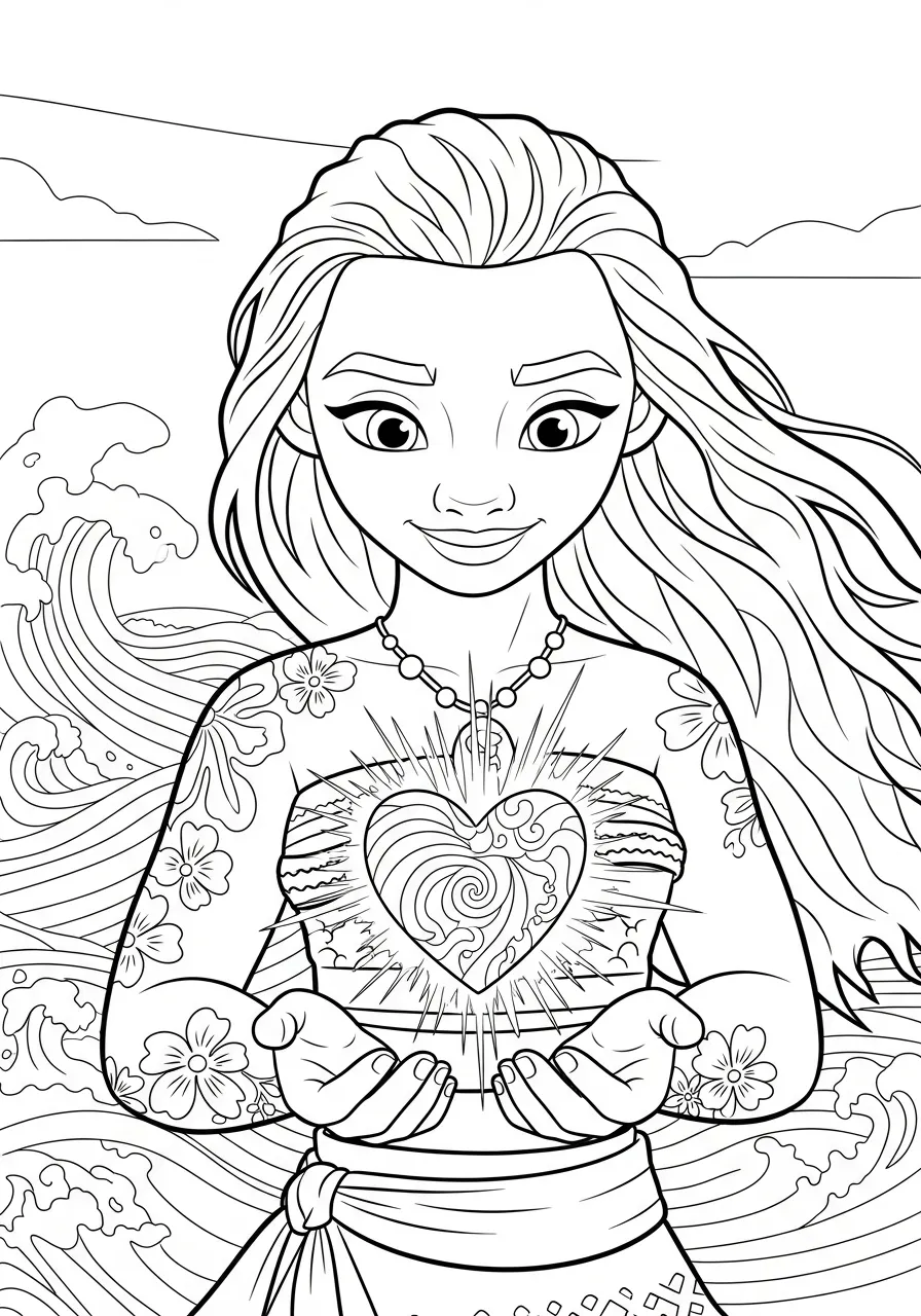 Imagem para colorir de Moana segurando o Coração do Oceano
