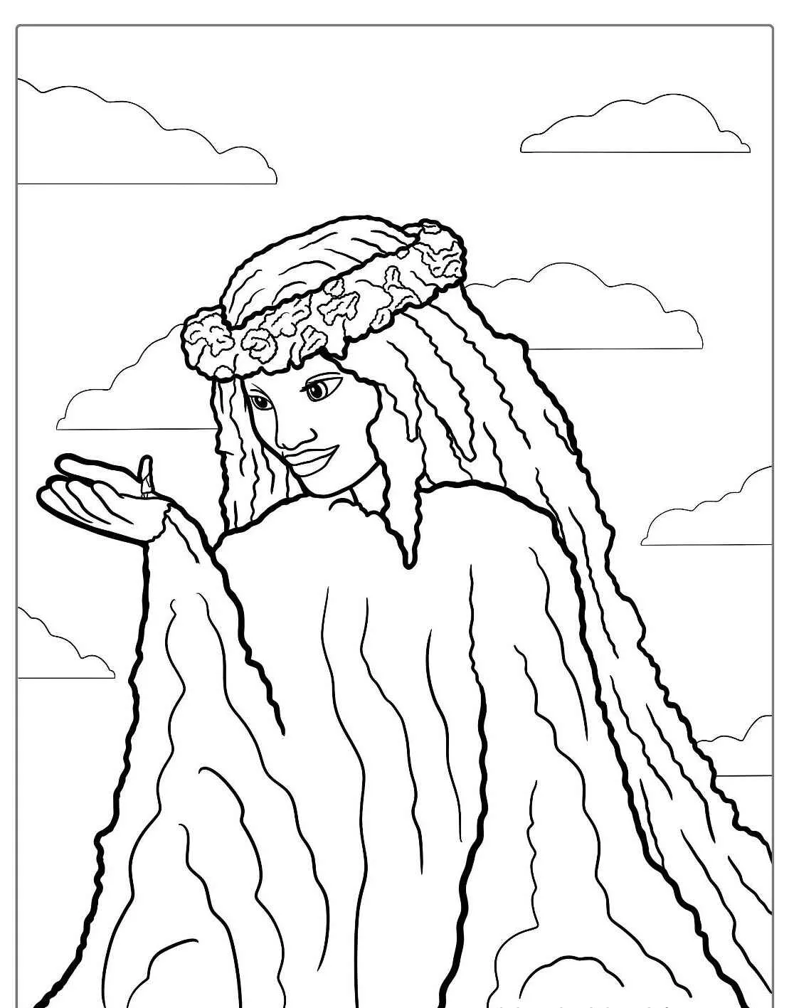 Desenho para colorir de Moana com coroa de flores e nuvens ao fundo