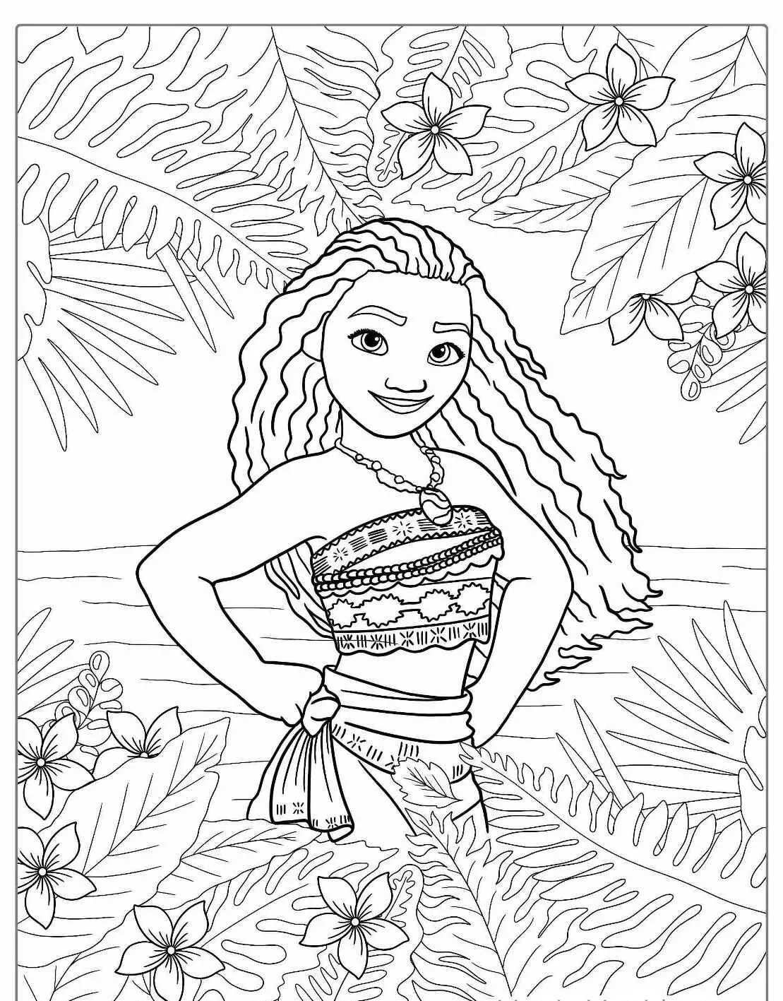 Desenho para colorir de Moana cercada por folhagem tropical