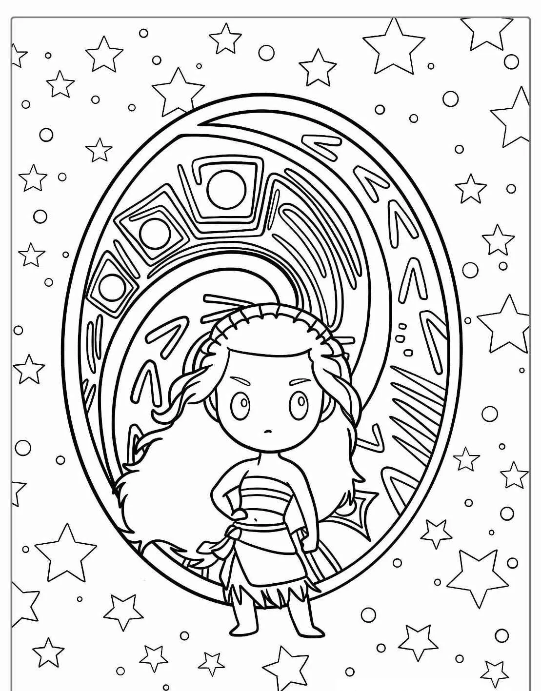 Imagem de Moana em um fundo estrelado para colorir