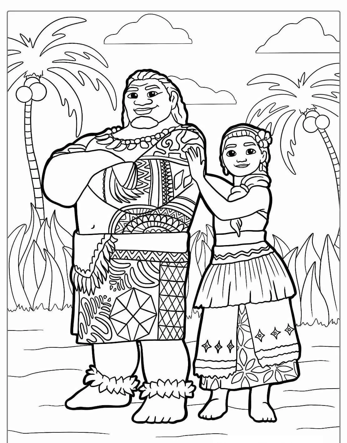 Moana e Maui em uma ilha tropical com palmeiras ao fundo para colorir