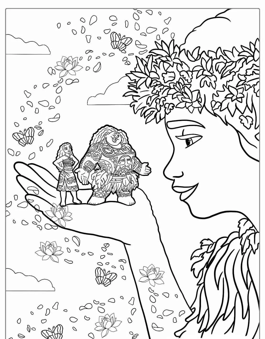 Imagem para colorir de Moana e Maui na mão de uma figura gigante com flores ao redor