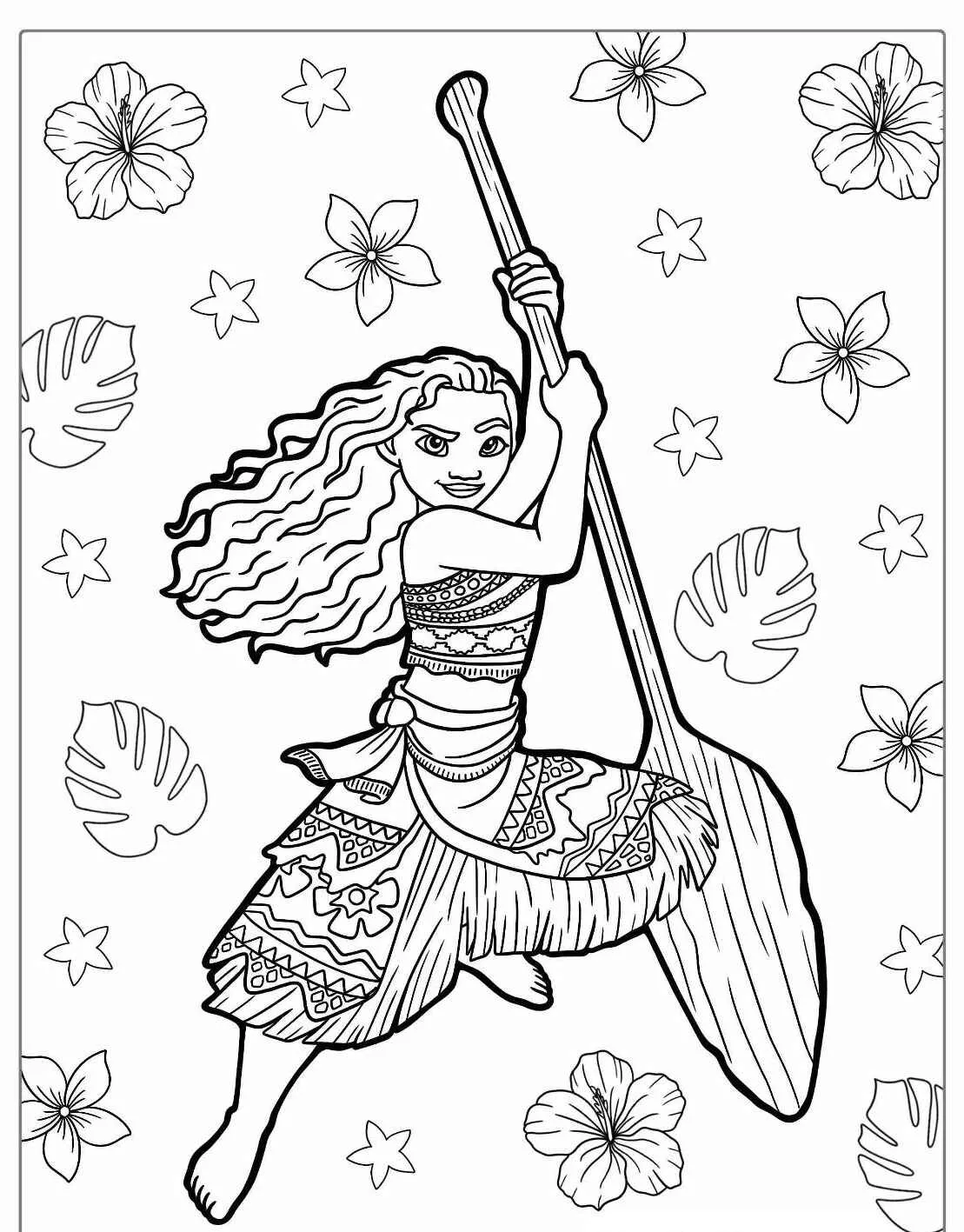 Desenho para colorir de Moana segurando um remo cercada por flores tropicais