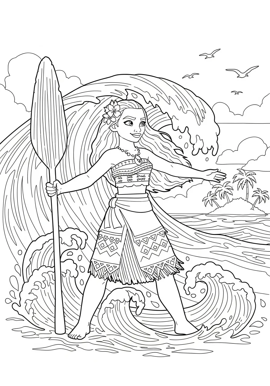 Moana segurando um remo com ondas ao fundo para colorir