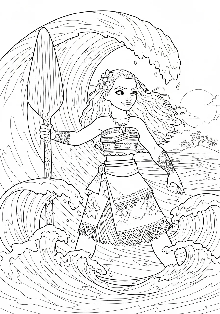 Moana segurando um remo em meio a grandes ondas