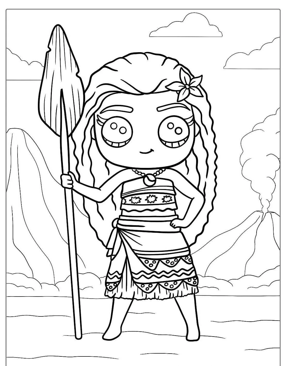 Desenho de Moana segurando um remo com um vulcão ao fundo para colorir