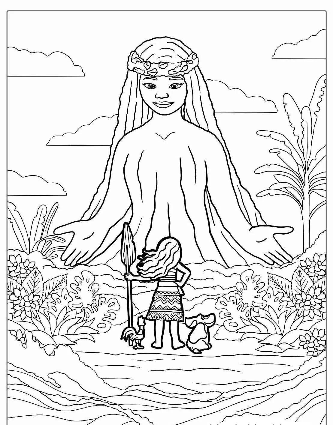 Moana de frente para Te Fiti com vegetação ao redor