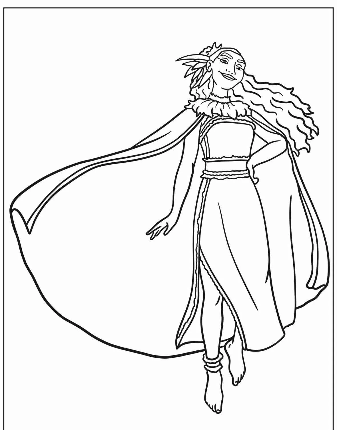 Imagem para colorir de Moana com vestido tradicional e capa esvoaçante