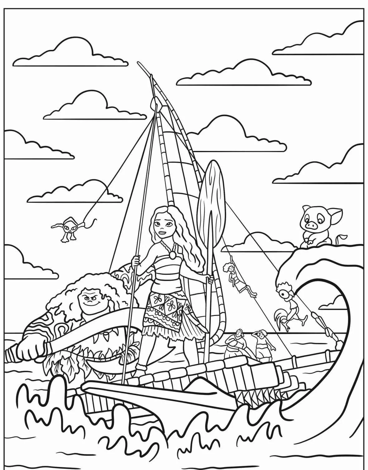 Moana e Maui em um barco navegando no oceano com amigos
