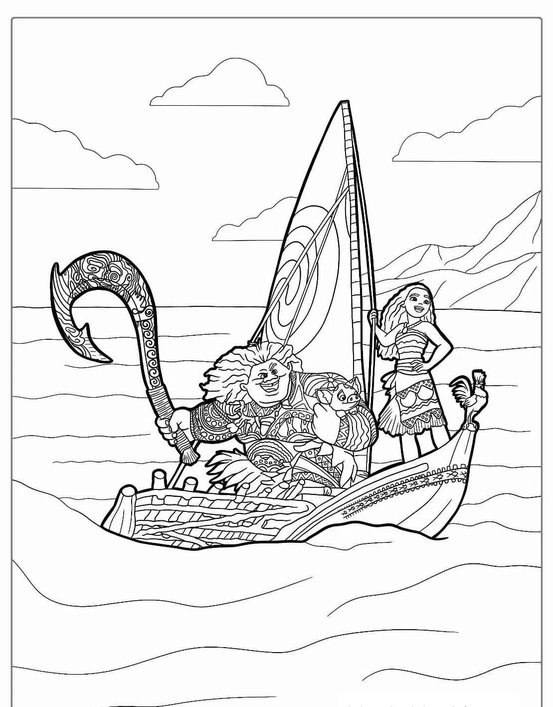 Imagem para colorir de Moana e Maui em um barco no oceano