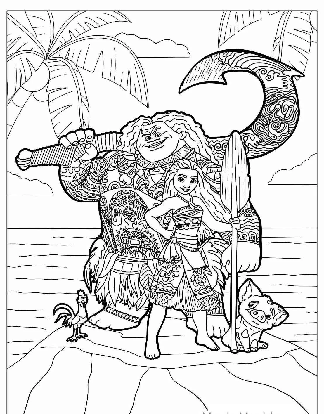 Moana e Maui na praia com galinha e porquinho