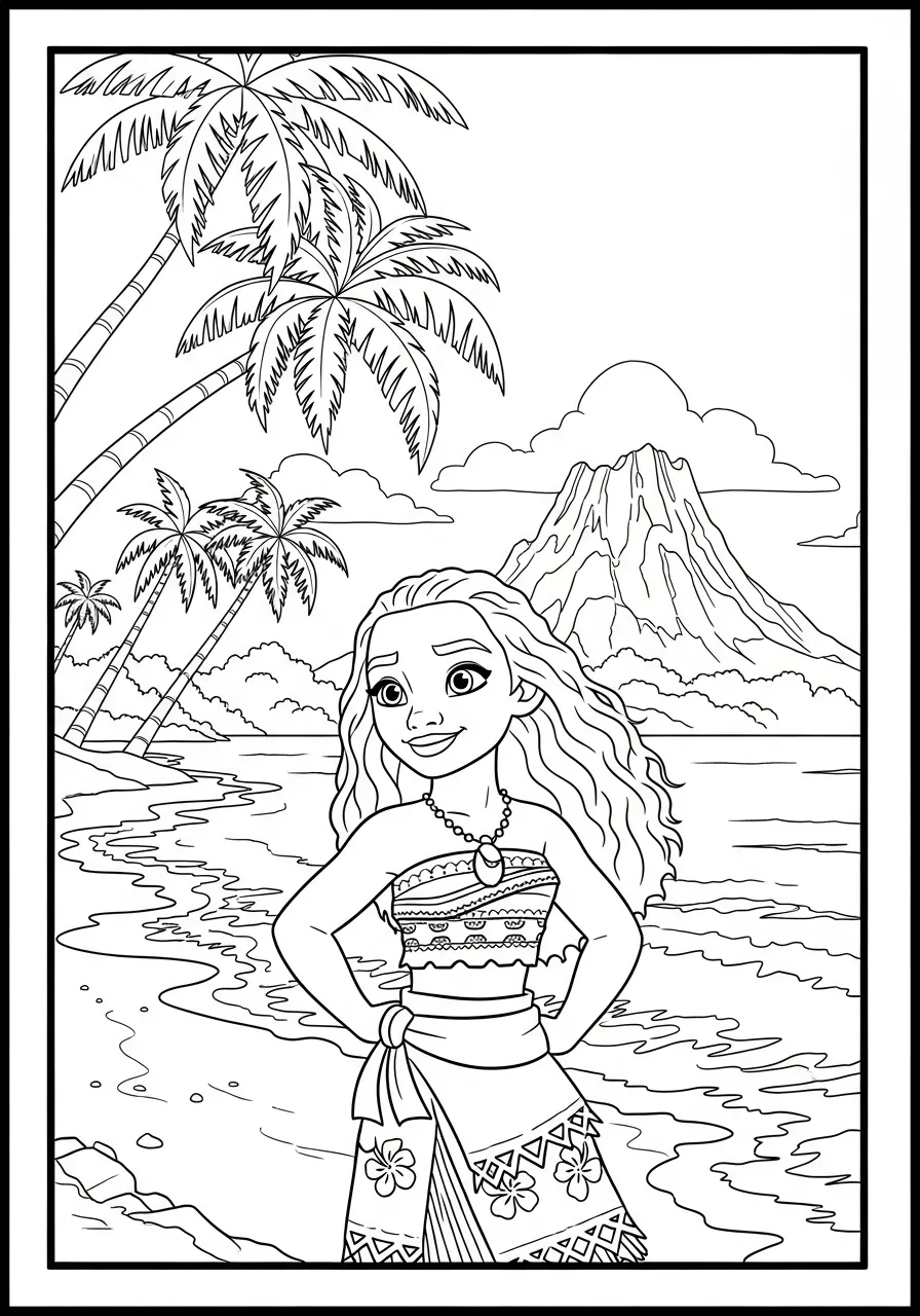 Imagem para colorir de Moana em uma ilha com vulcão ao fundo