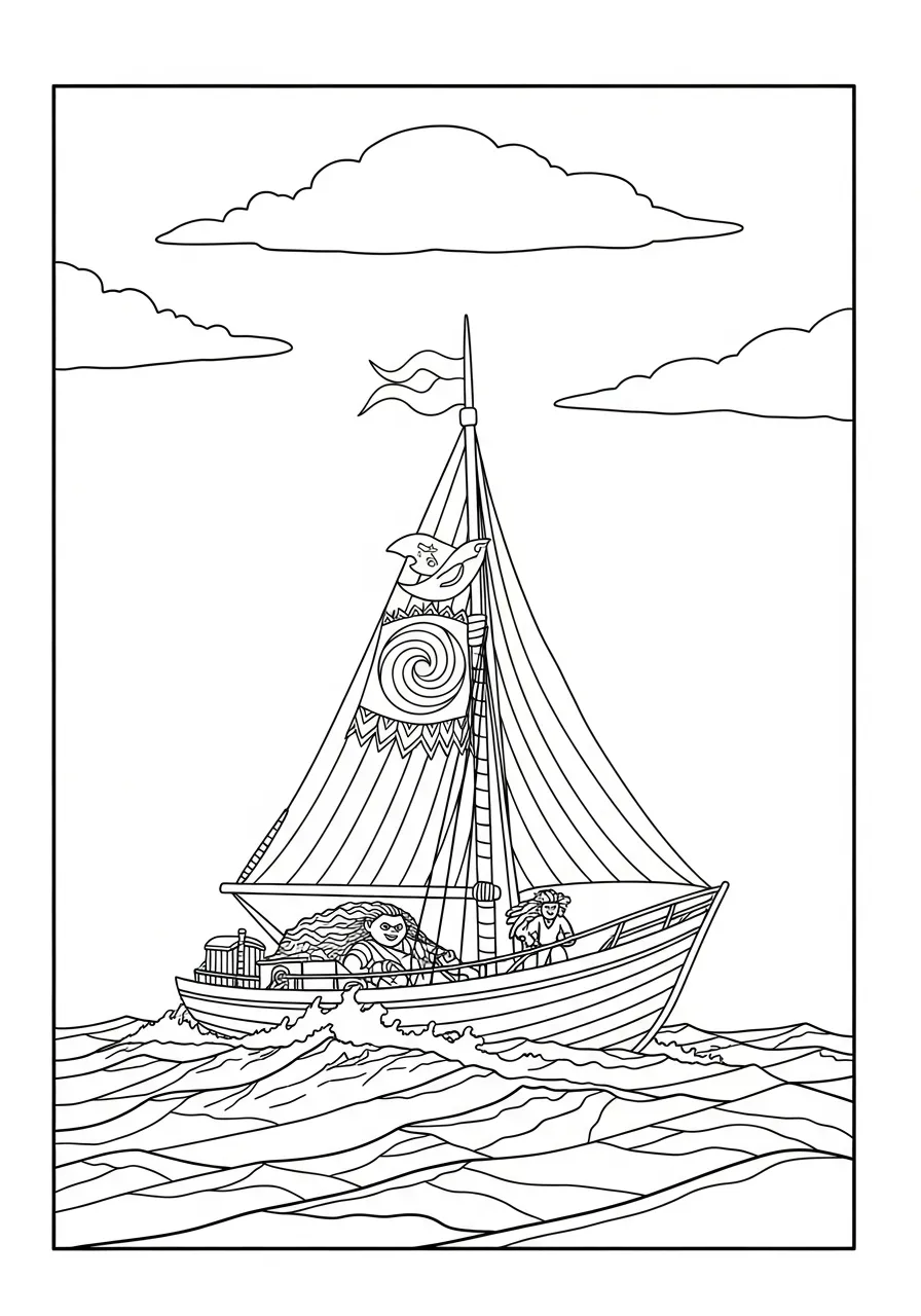 Moana e Maui em um barco navegando no oceano