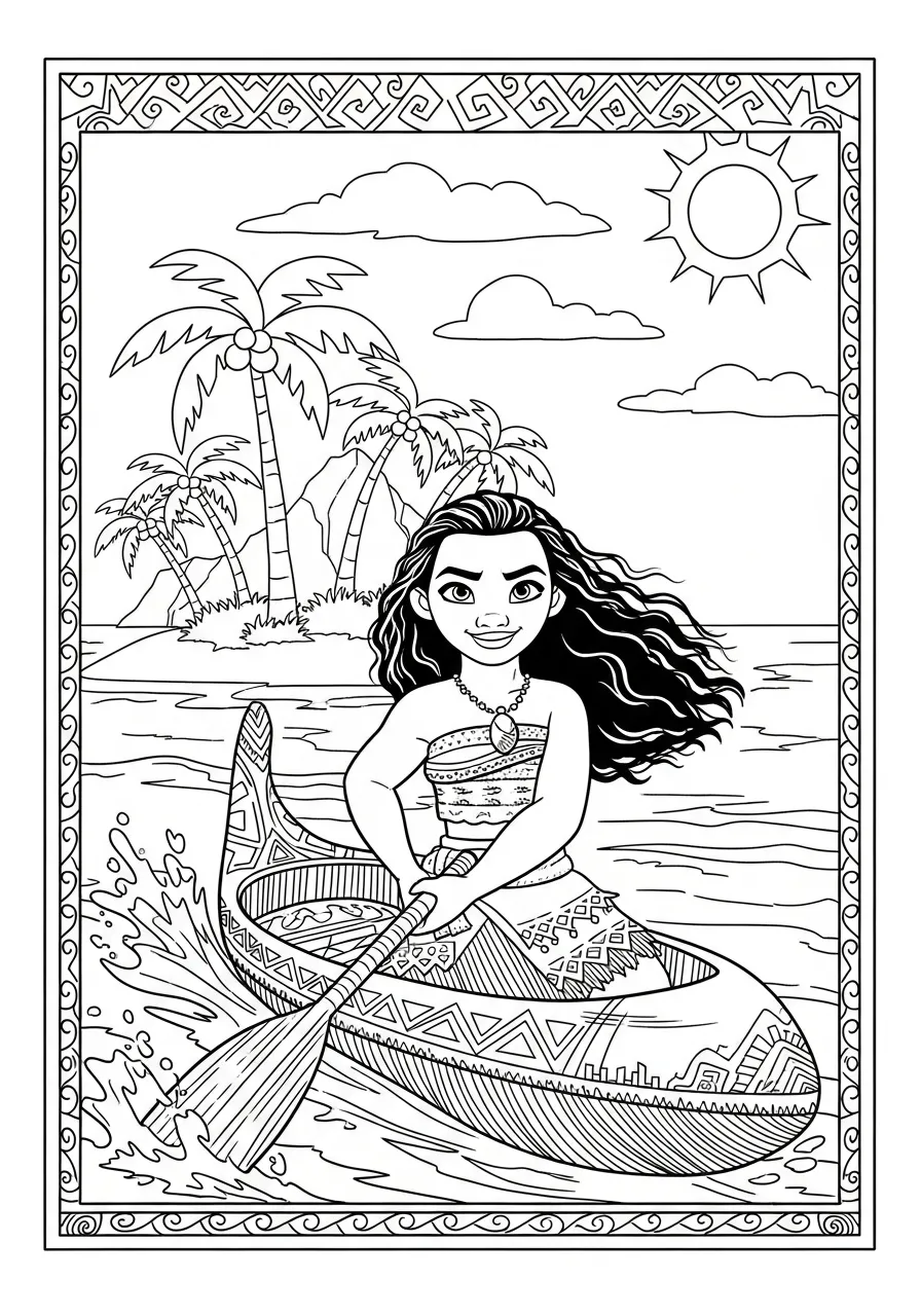 Moana remando em um barco perto de uma ilha tropical para colorir