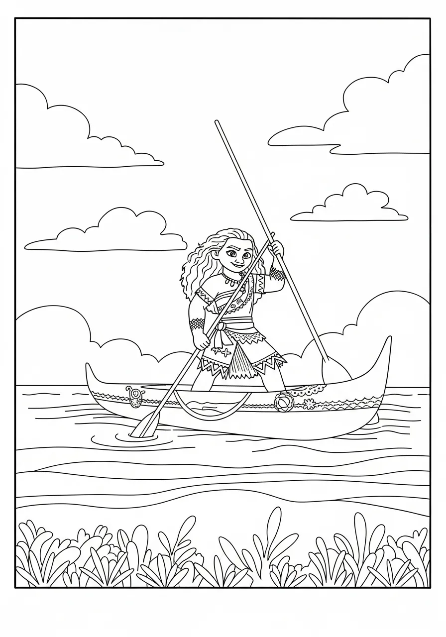 Moana remando em um barco no oceano com nuvens ao fundo