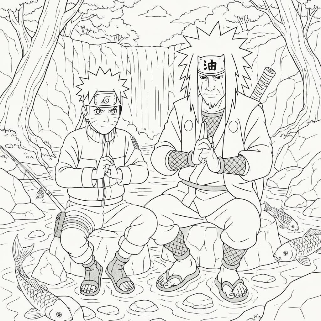 Desenho para colorir de Naruto e Jiraiya meditando em um cenário natural
