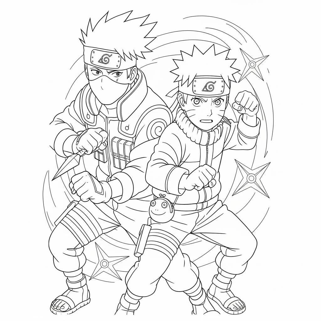 Desenho para colorir de Naruto e Kakashi prontos para a batalha
