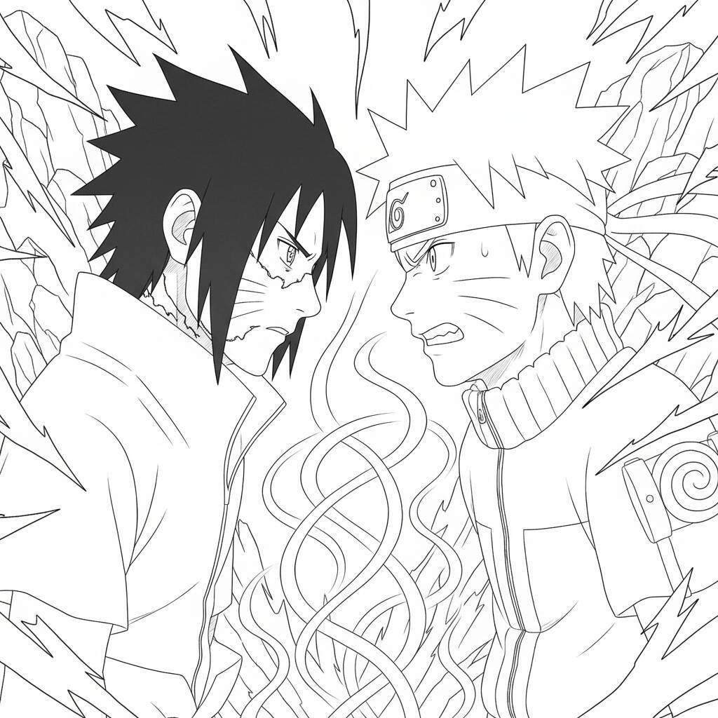 Desenho em preto e branco de Naruto e Sasuke prontos para um confronto, ideal para colorir.