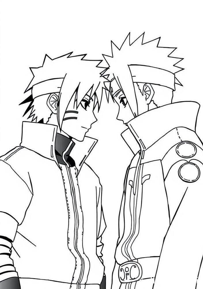 Desenho em preto e branco de Naruto e Sasuke prontos para colorir.