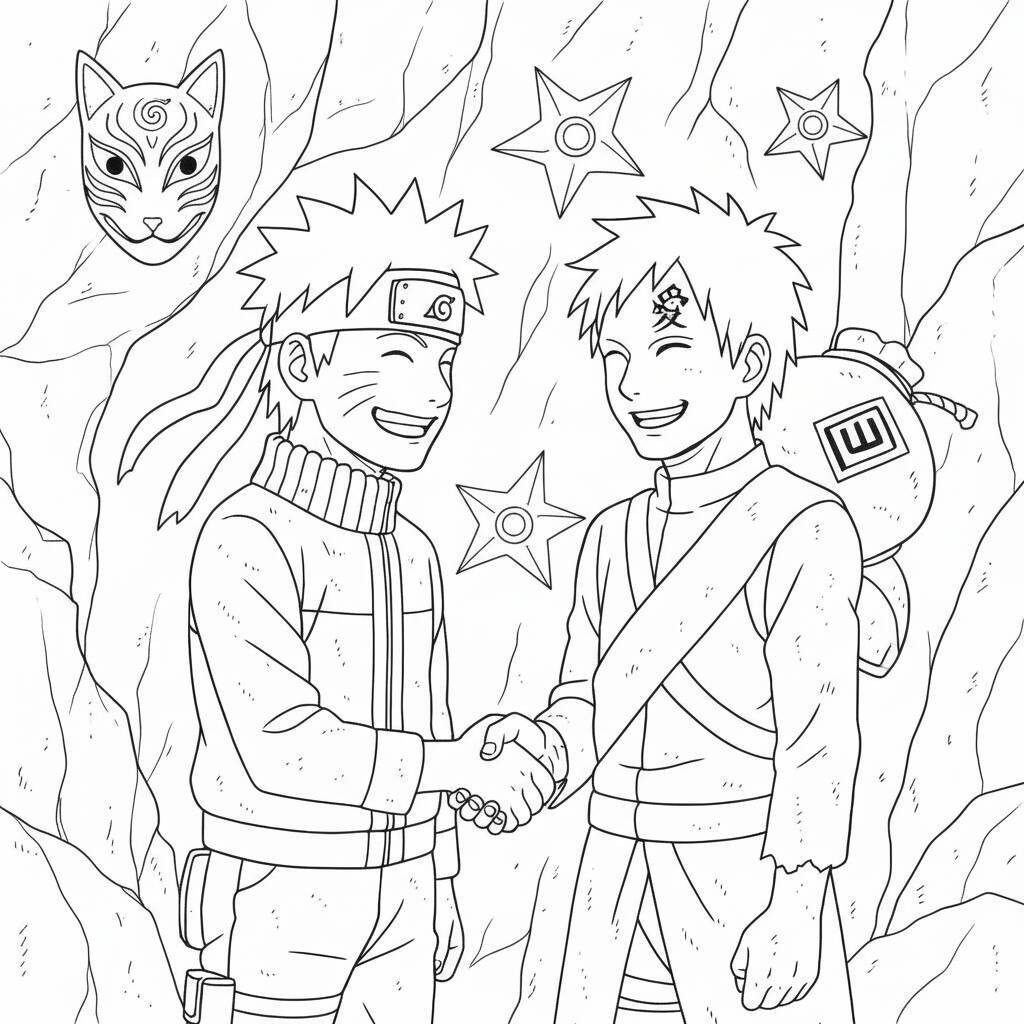Desenho em preto e branco de Naruto e Sasuke se cumprimentando, ideal para colorir.