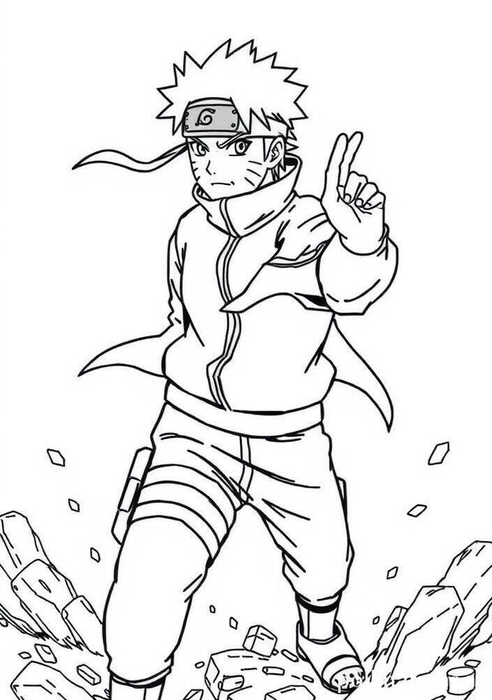 Desenho para colorir do personagem Naruto fazendo o sinal da paz
