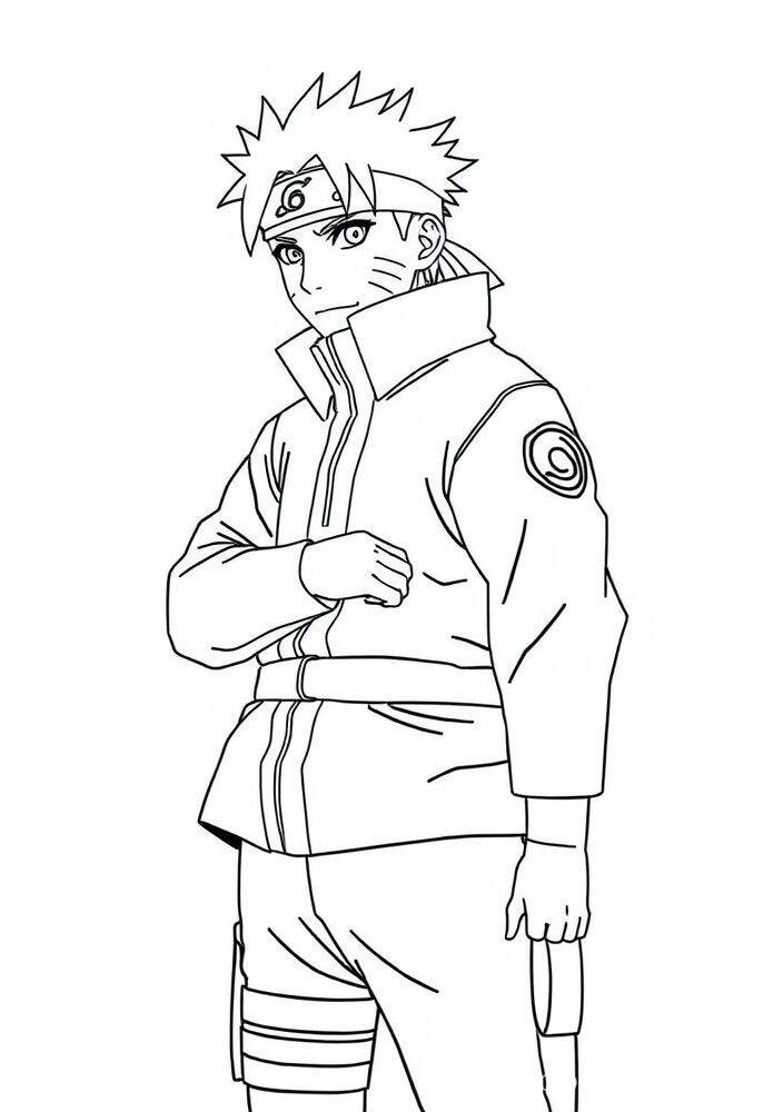 Desenho em linha do Naruto em traje de ninja pronto para colorir.