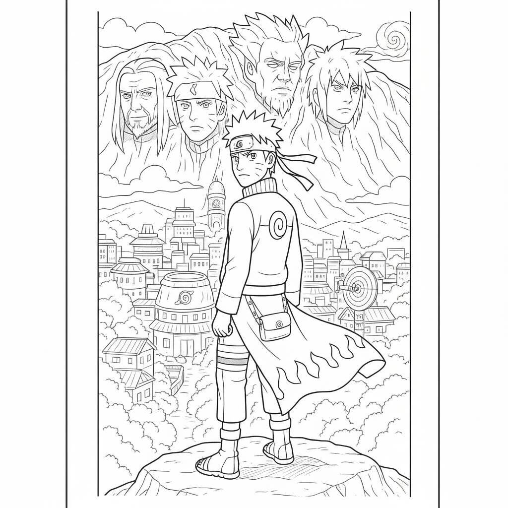 Desenho em preto e branco de Naruto com os Hokages ao fundo, ideal para colorir.