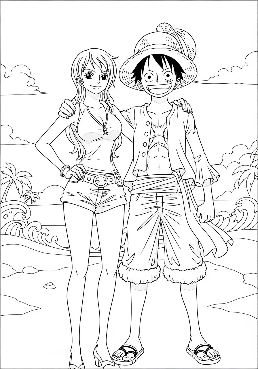 Desenho para colorir de Luffy e Nami de One Piece na praia
